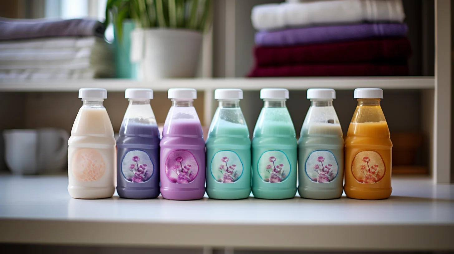 Diverse flessen wasmiddel in verschillende kleuren netjes opgesteld in een badkamer.