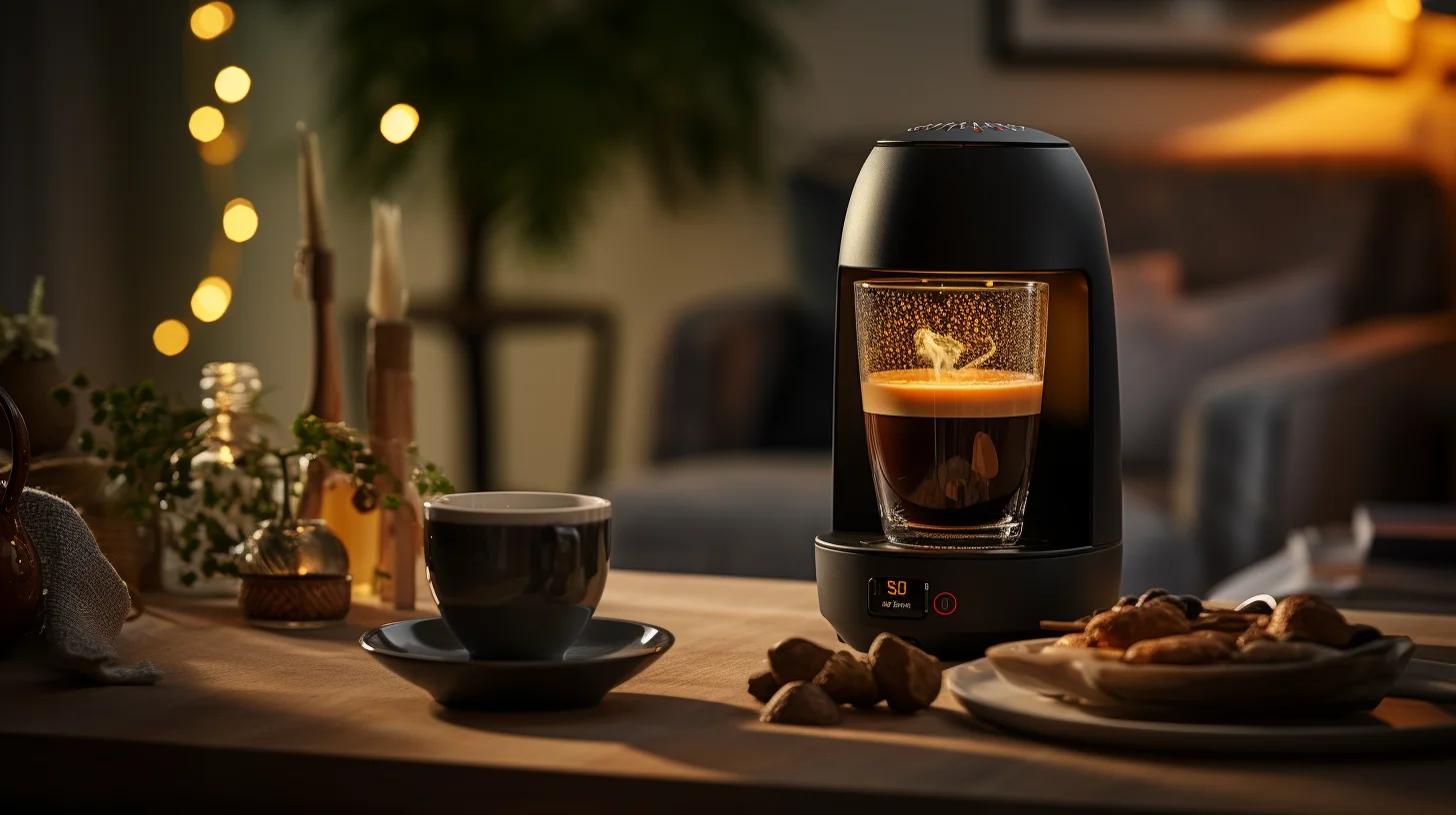 Een glas dampende koffie onder een koffiezetapparaat, naast een stijlvol kopje en een schaaltje met eten.