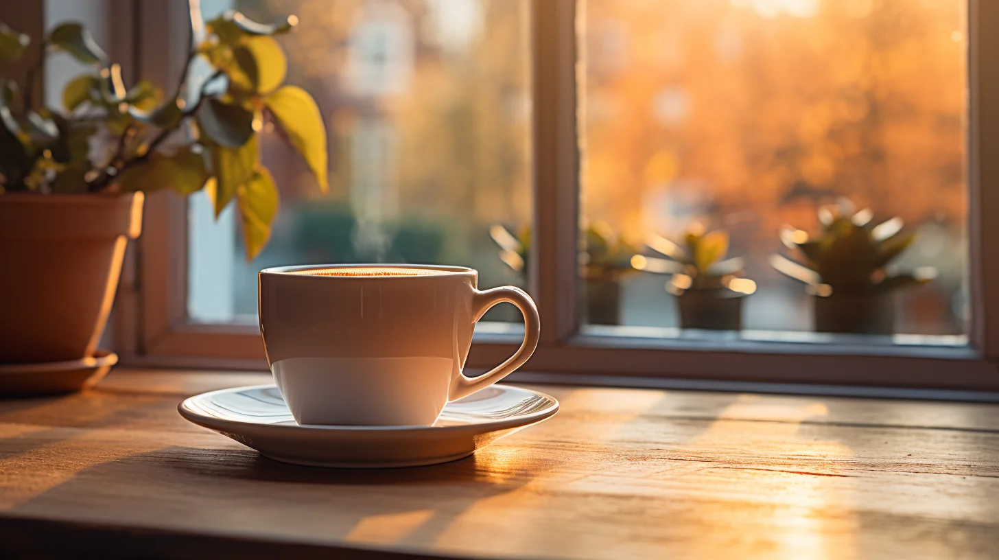 Kopje koffie bij een raam, op tafel