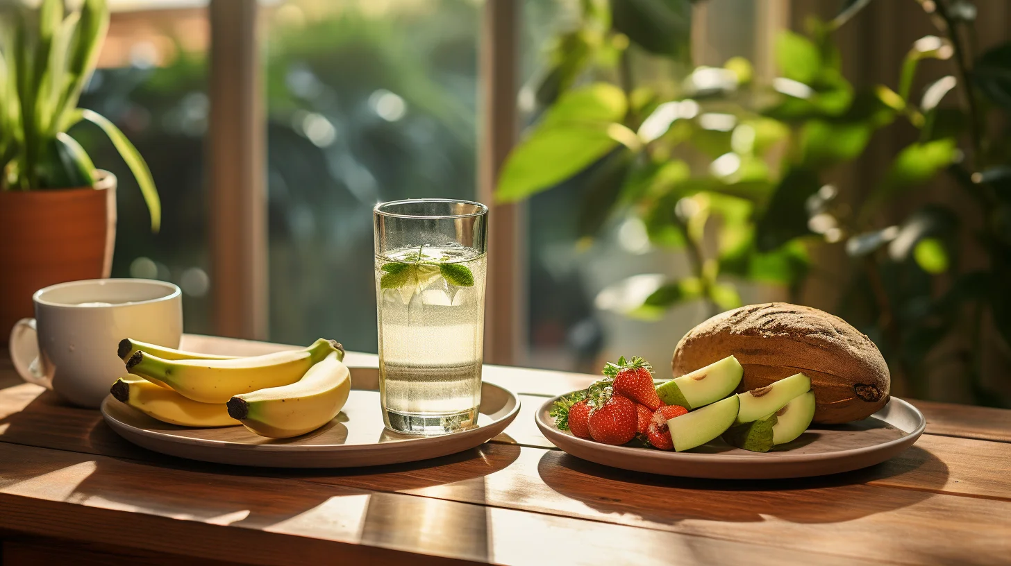 Fruit op borden en een glas limoenwater op een tafel.