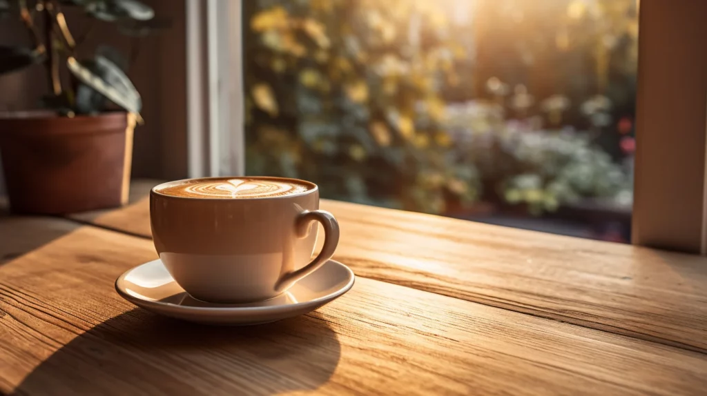 Kopje koffie op tafel voor een raam, zon schijnt naar binnen