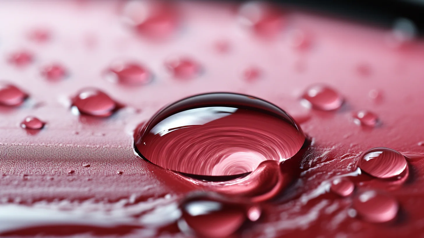 close-up van een waterdruppel op rode leren stof
