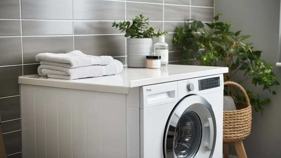 Close-up van een wasmachine in een badkamer, met een decoratief plantje en een netjes opgevouwen handdoek erop.
