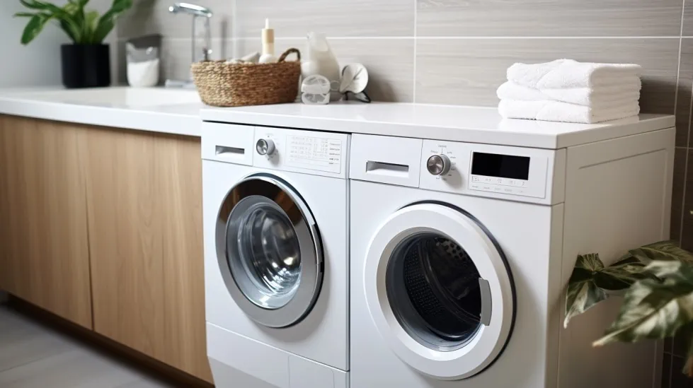 Wasmachine en droger naast elkaar met keurig gevouwen handdoeken erop in een badkamer. 