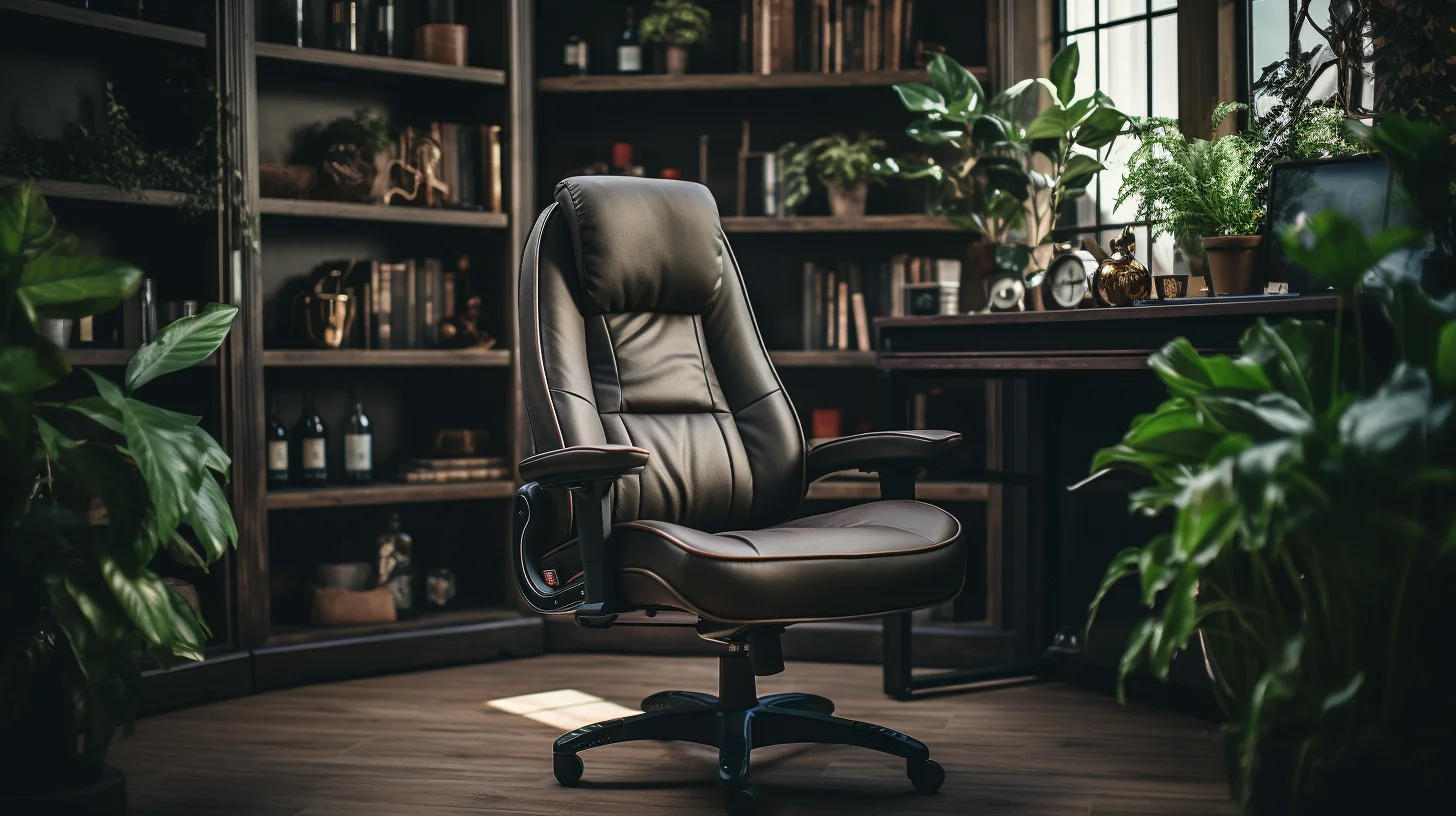Bruine bureaustoel in een kantoor met bruine meubels en planten. 