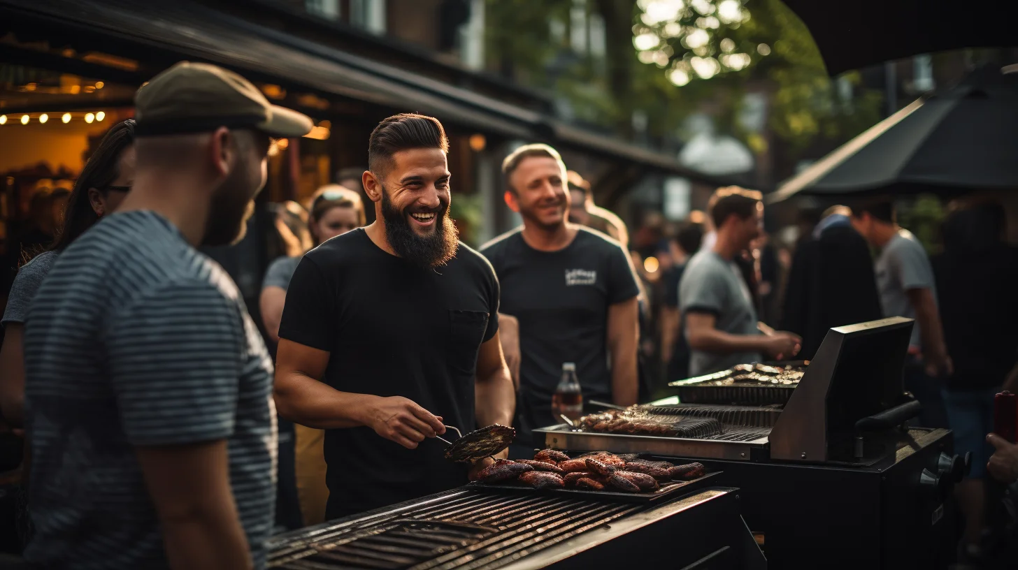 Een grote groep mensen staat in een tuin rond een barbecue waarop vlees ligt te grillen.