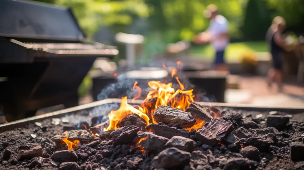 brandende houtskool in een grote, open barbeque, vooraanzicht