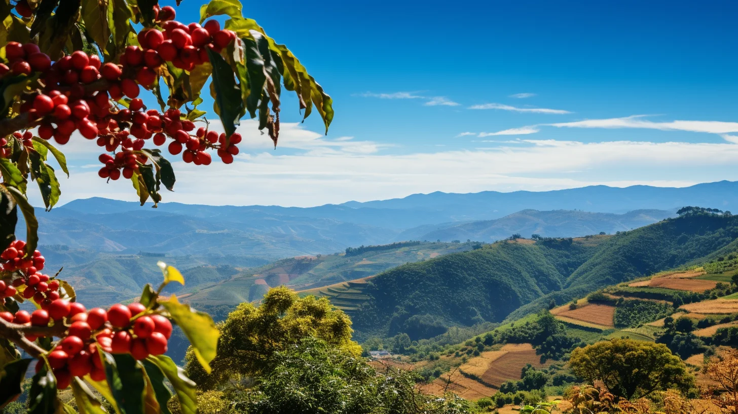 Uitzicht op bergen en rijstvelden, met een koffieplant in close-up
