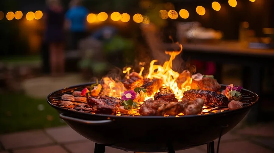 Een barbeque in metalen vat met eten op de barbecue