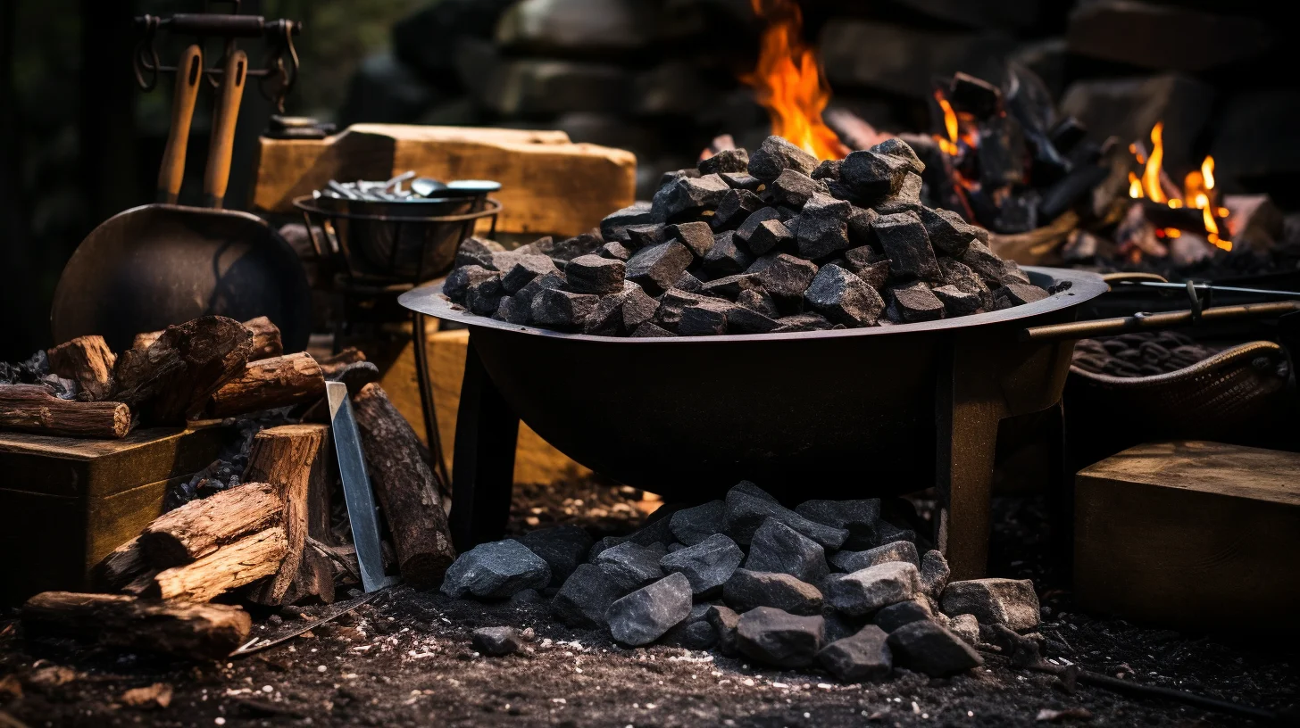 Houtskool in metalen vat met daaromheen hout en ander gereedschap