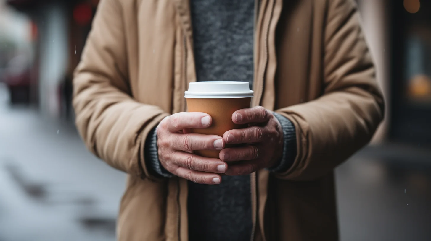 Twee handen houden een wegwerpbeker met koffie vast.