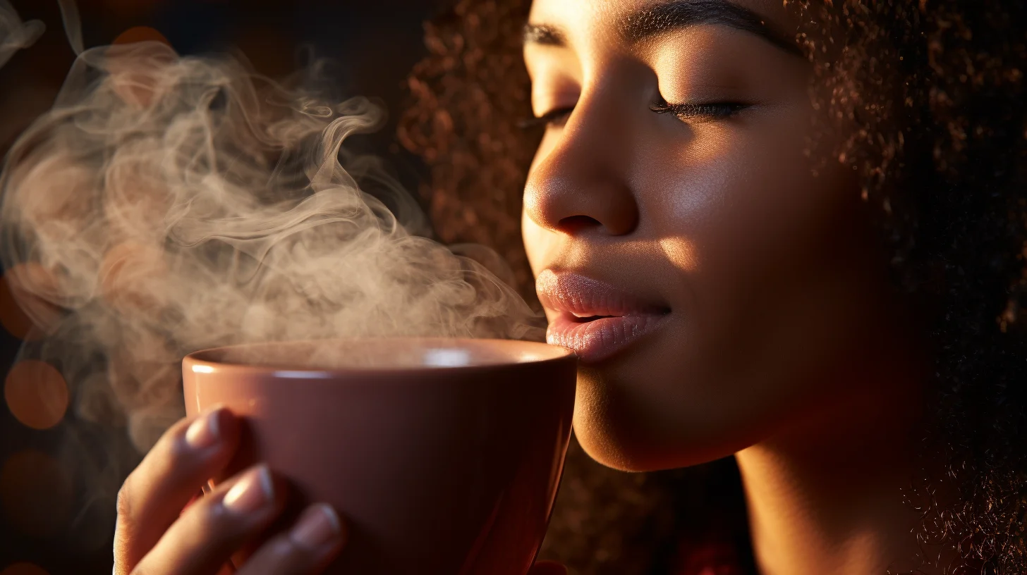 Vrouw blaast in kopje koffie waar stoom uit komt. 