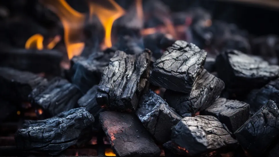 Warme houtskool met vuur op de achtergrond.