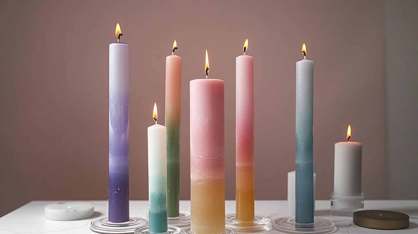 kaarsen van verschillende kleuren op een witte tafel